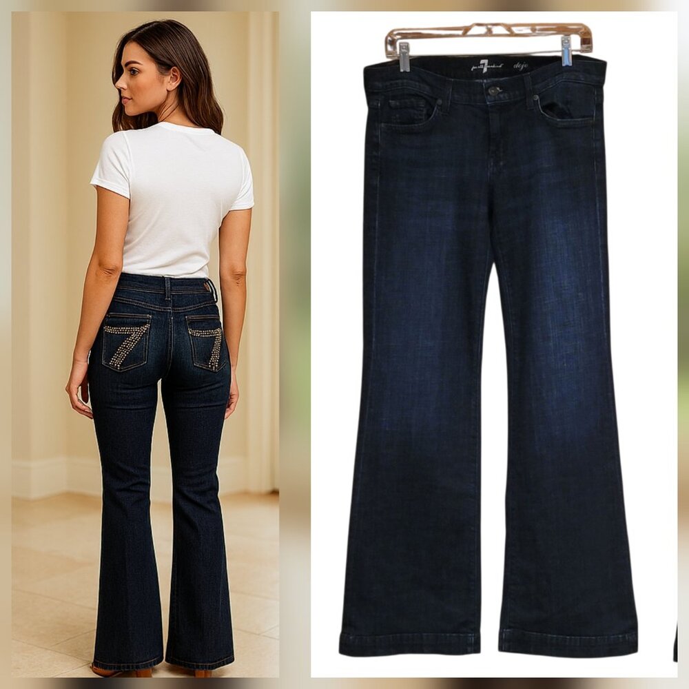7 For All Mankind DOJO Dark Wash Flare Leg Jeans with Gold Studded Pockets Sz 30 - Picture 2 of 16